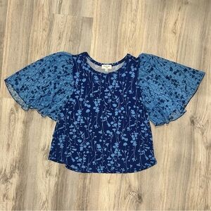Kim & Cami Los Angeles Blue Floral Top Chiffon Flutter Short Sleeve Shirt Size S
